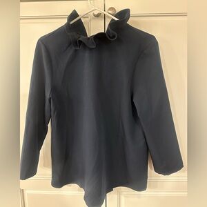 Tuckernuck Navy tunic blouse with ruffle collar and tie back. Medium